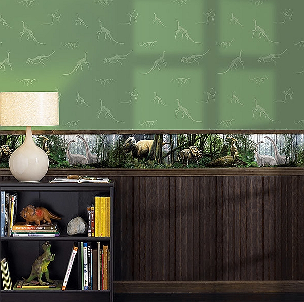 National Geographic kids’ room wallpaper with a dinosaur theme is posh and playful