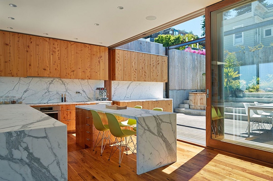 Sleek kitchen and a smart counter crafted from marble