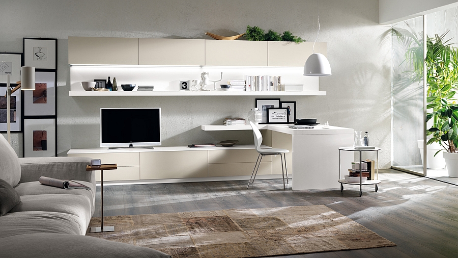 Relaxed and stylish living space includes a desktop for study