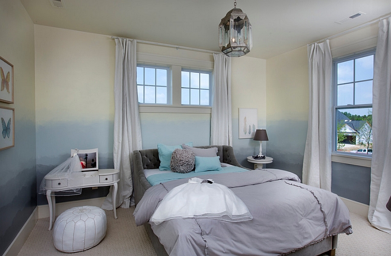 Transitional bedroom with blue ombre walls