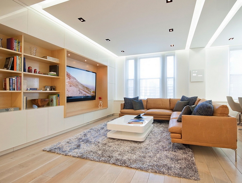 Evenly lit living room with warm wooden accents and plush decor