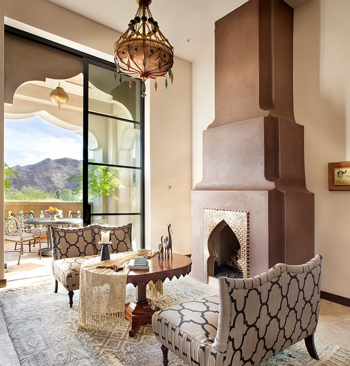 Smart Mediterranean living room with elegant Moroccan lighting and decor