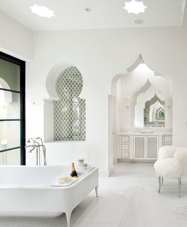 Luxurious contemporary bath uses the Moroccan architectural elements without bright colors and patterns