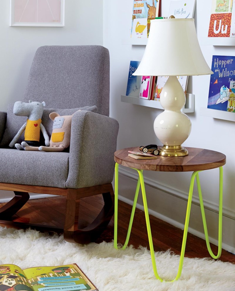 Neon yellow table with wood and metal