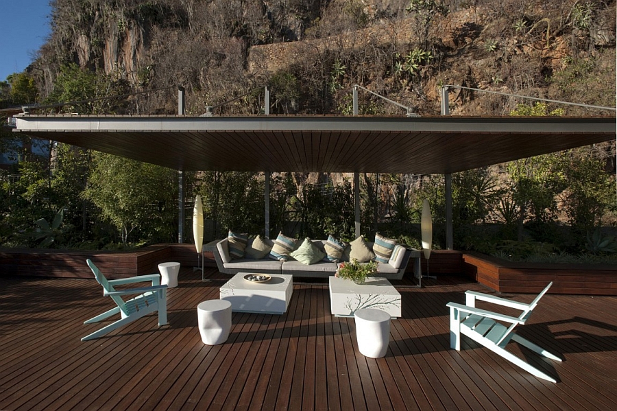 Lavish outdoor deck with expansive lake views