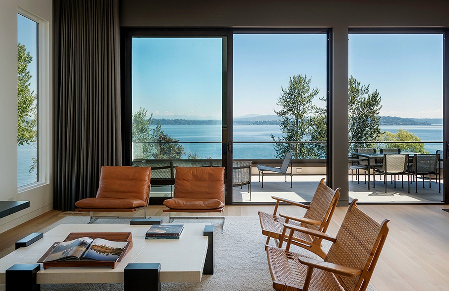 Living area of the house with Lake Washington in the backdrop