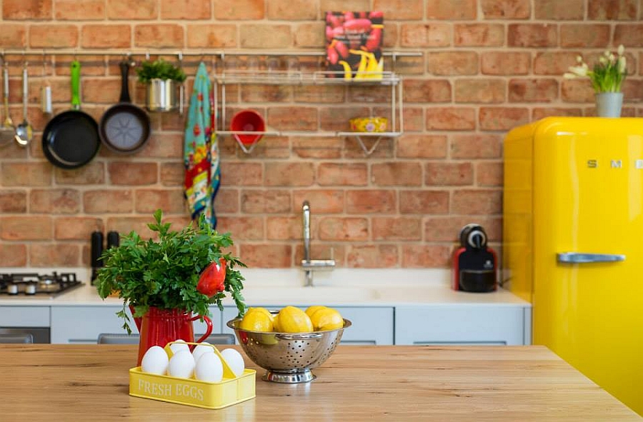 Beautiful blend of textures in the kitchen and dining area