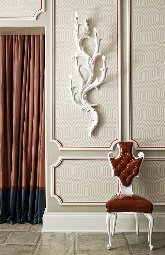 Contemporary entry with wallpaper inspired by David Hicks patterns