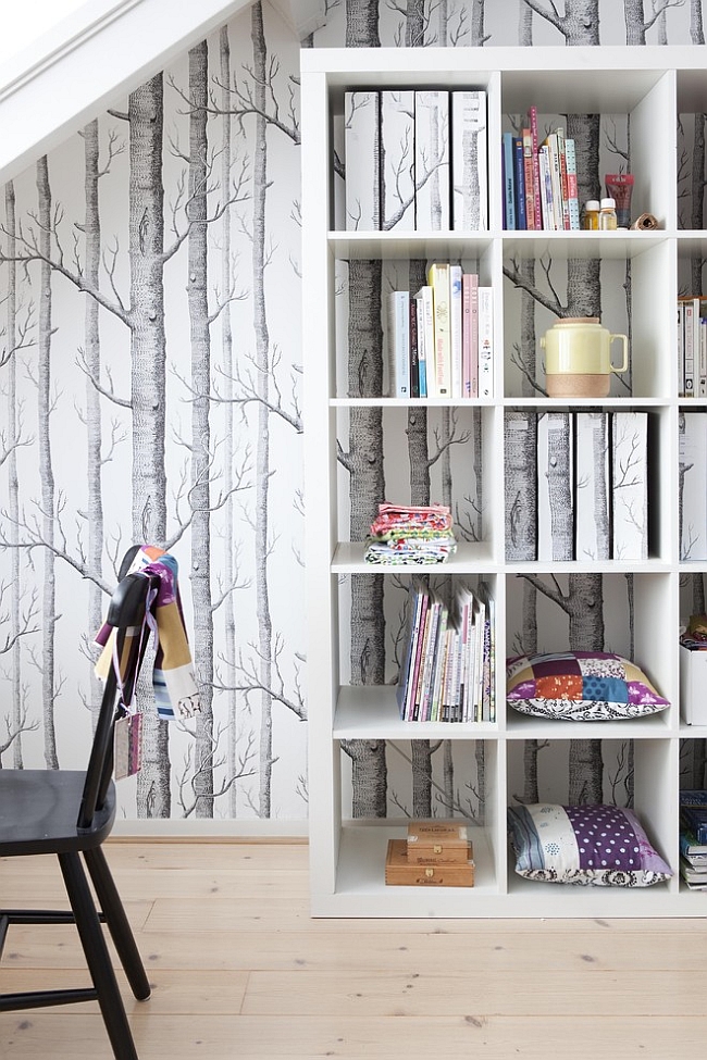 Contemporary home office with the Woods Wallpaper