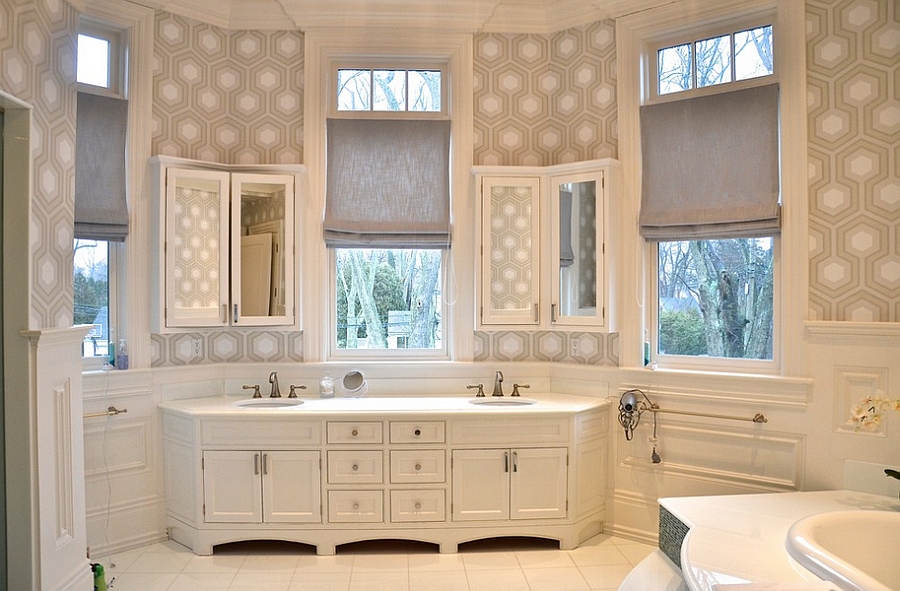 David Hicks wallpaper for the spa styled bathroom