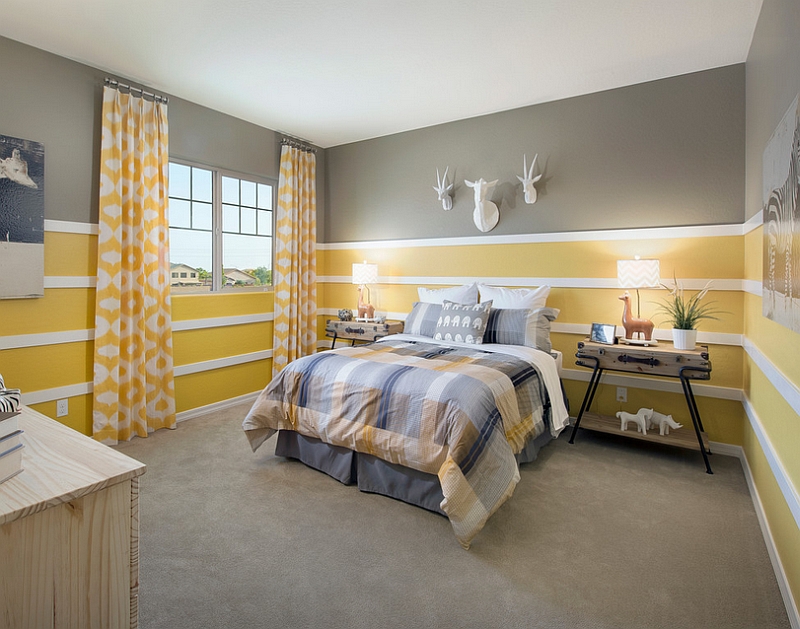 Gorgeous use of yellow and grey in the bedroom