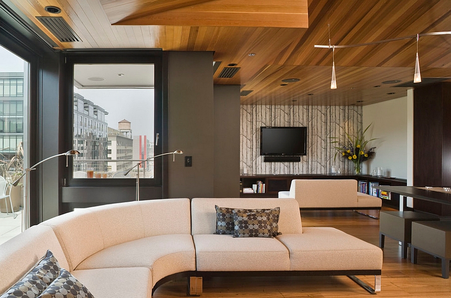 Woods wallpaper is subtle and understated in the living room