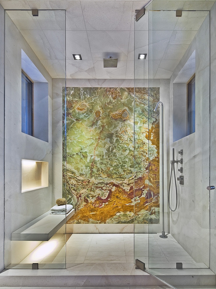 Master Bathroom with floating bench and brilliant backdrop