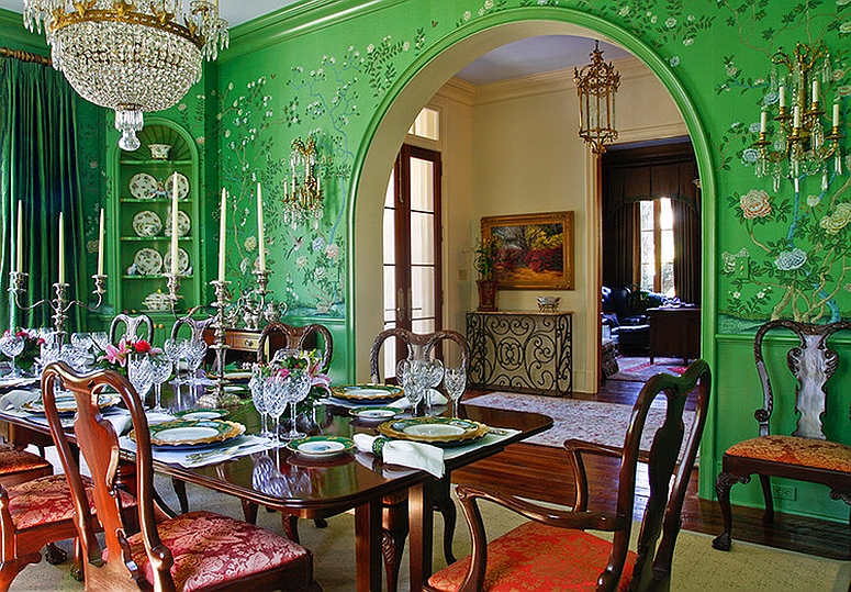 Ornate Asian style dining room in green