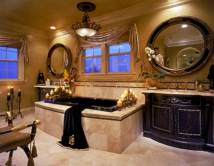 Regal Mediterranean bathroom in black and gold