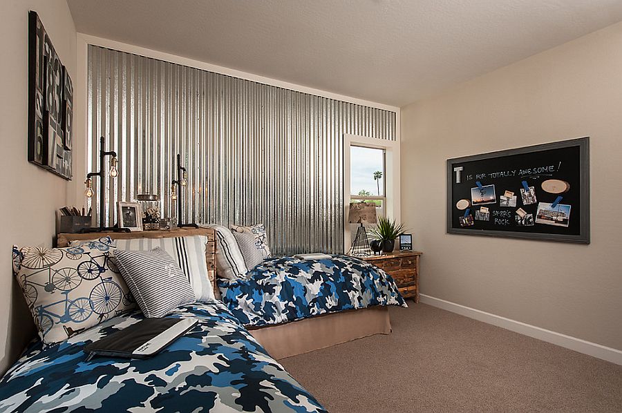 Corrugated metal wall adds an interesting visual to the elegant kids’ bedroom