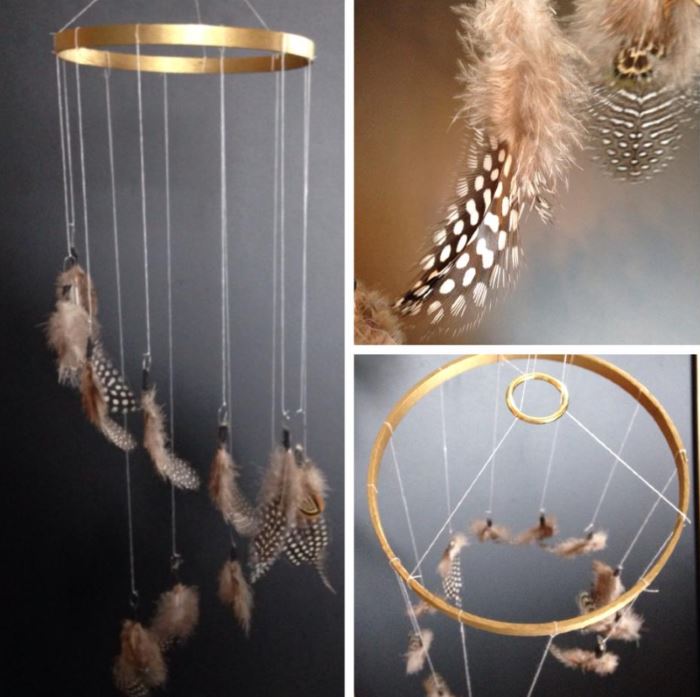 Embroidery hoop feather mobile