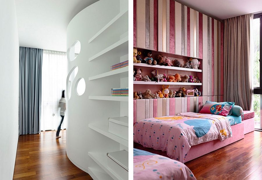 Gorgeous kids’ bedroom with custom-designed shelves