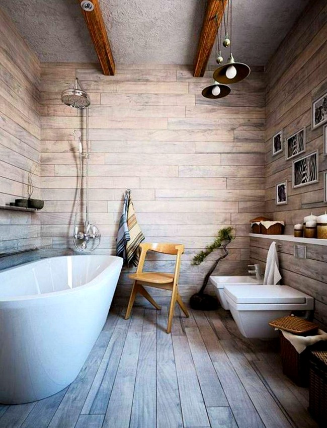 Wood-panelled bathroom with pretty pendant lights