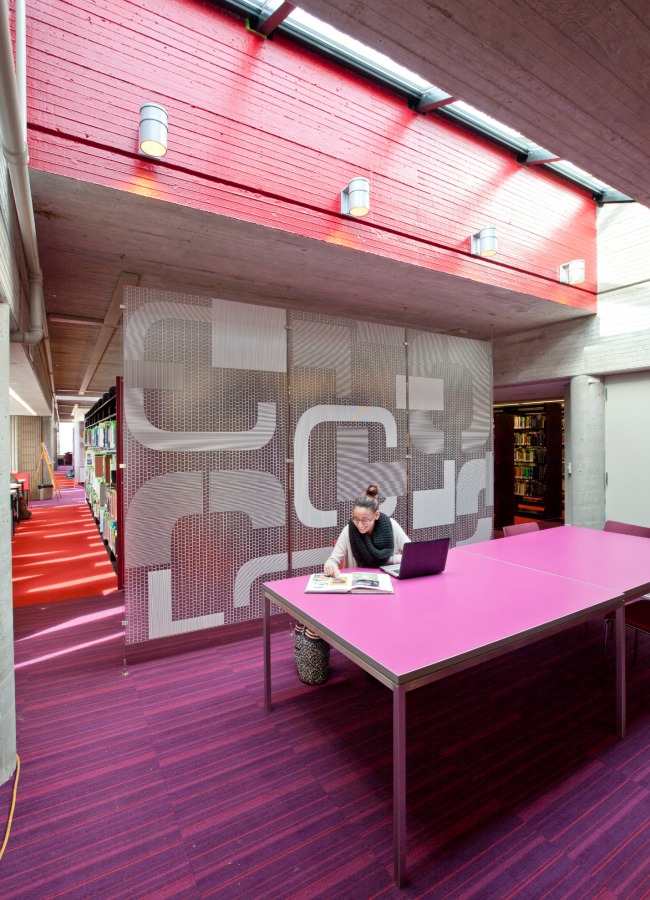 An unusual color scheme goes way beyond typical library tones