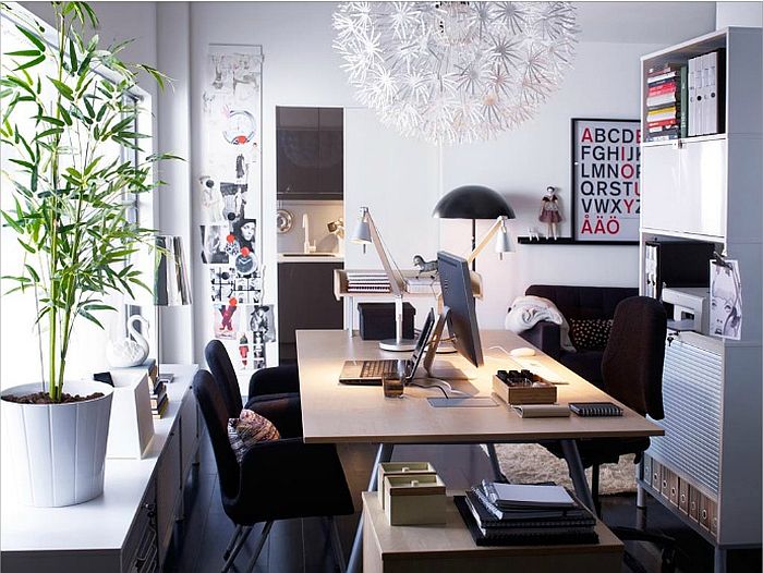 Cozy home office with pops of color and neutral home office