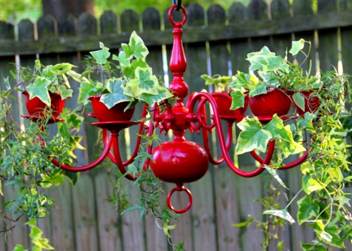 Always keep colors in mind when you are choosing plants—these variegated green ivy leaves look perfect with a glossy red chandelier