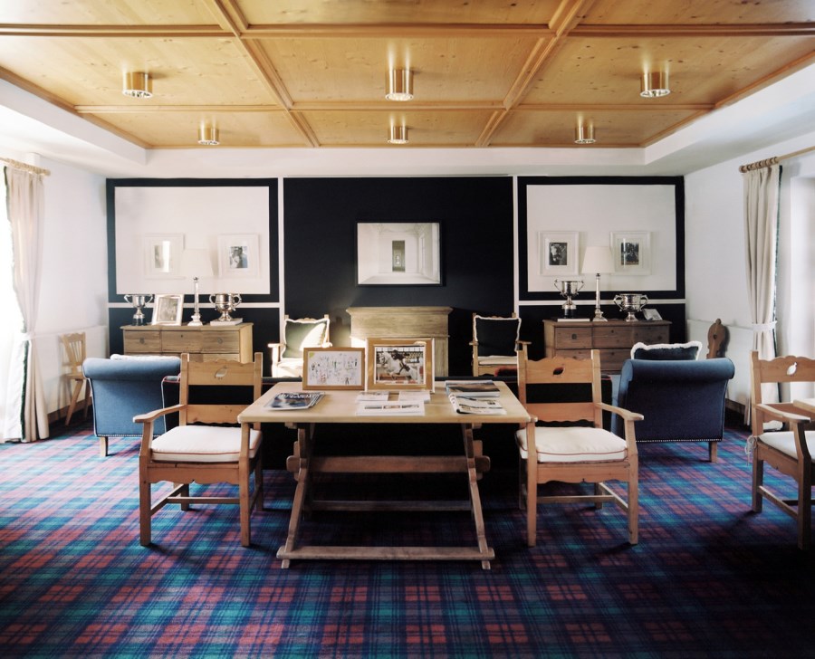 Living room with rustic coffered ceilings