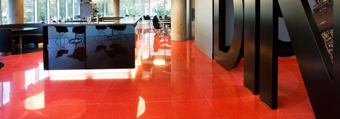 Red terrazzo floor at Blue Finn Cafe