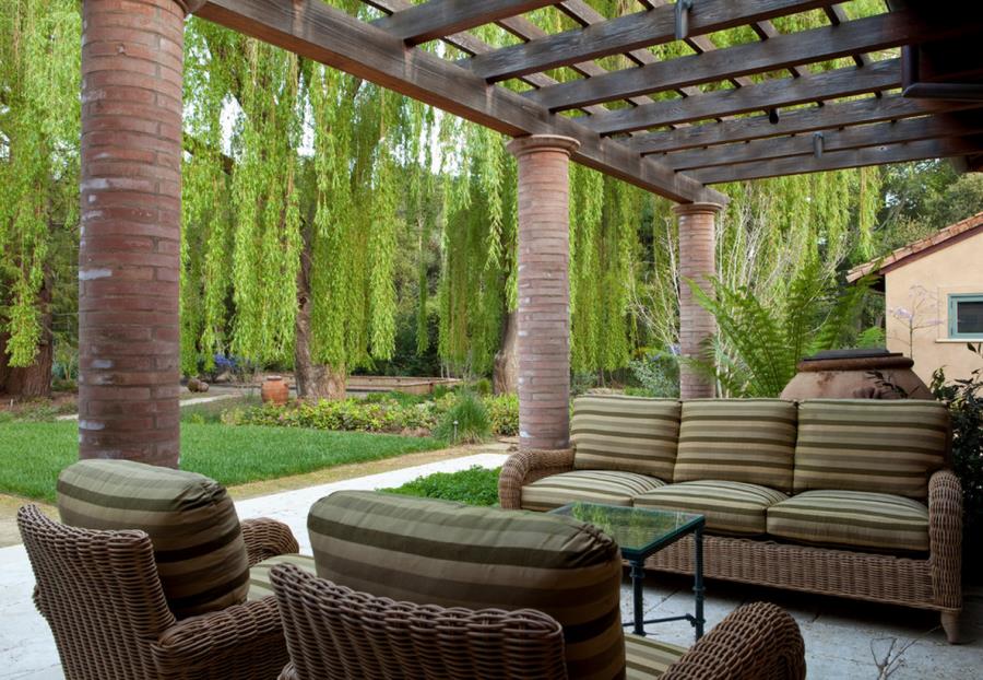 Weeping willow beside an outdoor patio