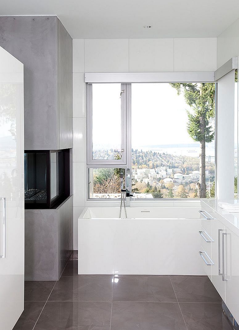 Compact contemporary bathroom with fireplace makes use of every inch of space