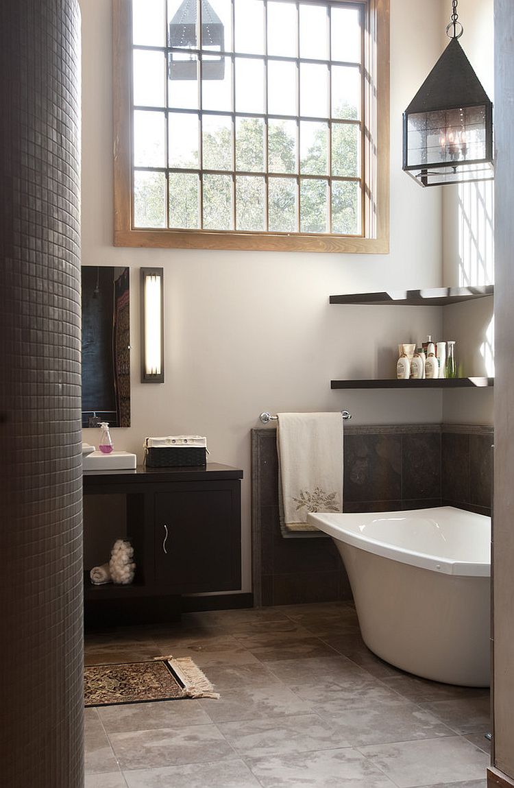 Floating shelves in the corner above the bathtub