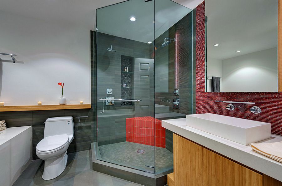 Shower bench adds red brilliance to the modern bathroom