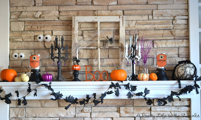 Fireplace mantel with tiny Halloween accents