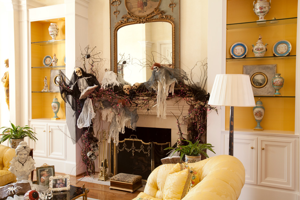 Fireplace with Halloween skulls, skeletons, and branches