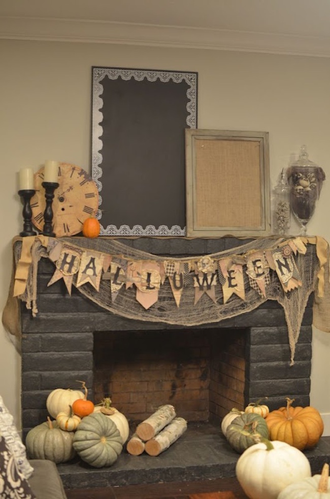 Halloween fireplace decor with a vintage look