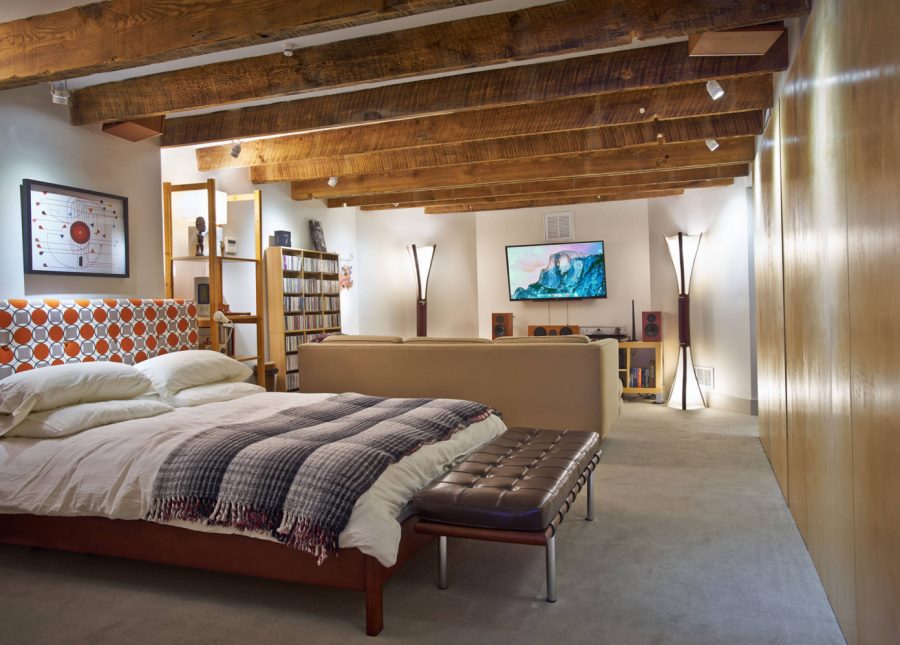 Ceiling spotlights in a contemporary bedroom