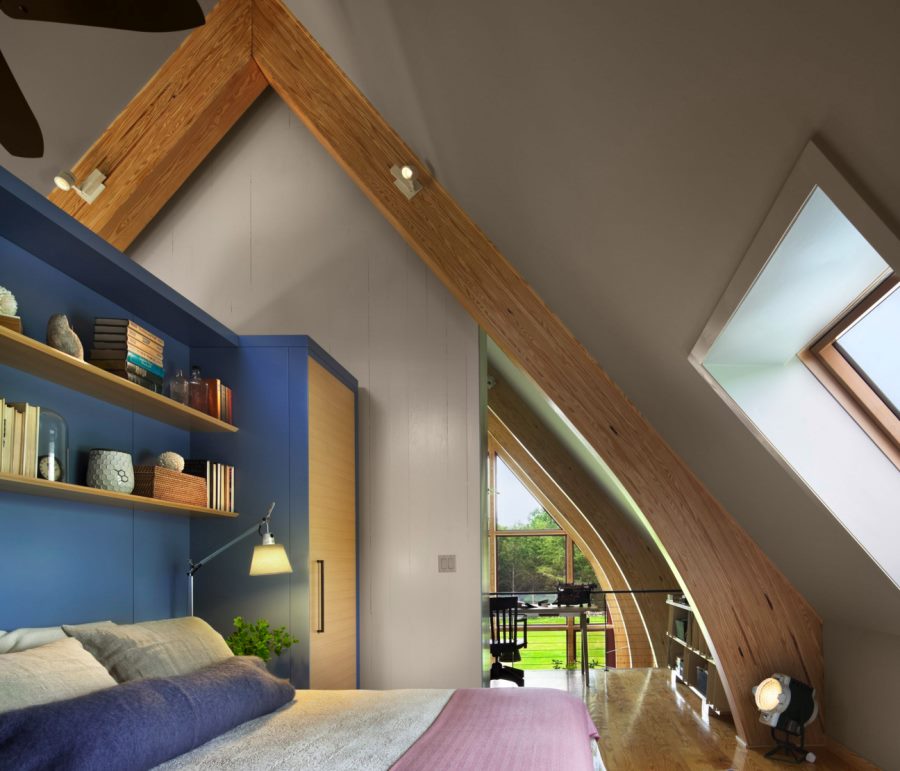 Modern bedroom with wooden beam spotlights