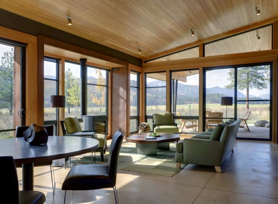 Rustic living area with ceiling spotlights