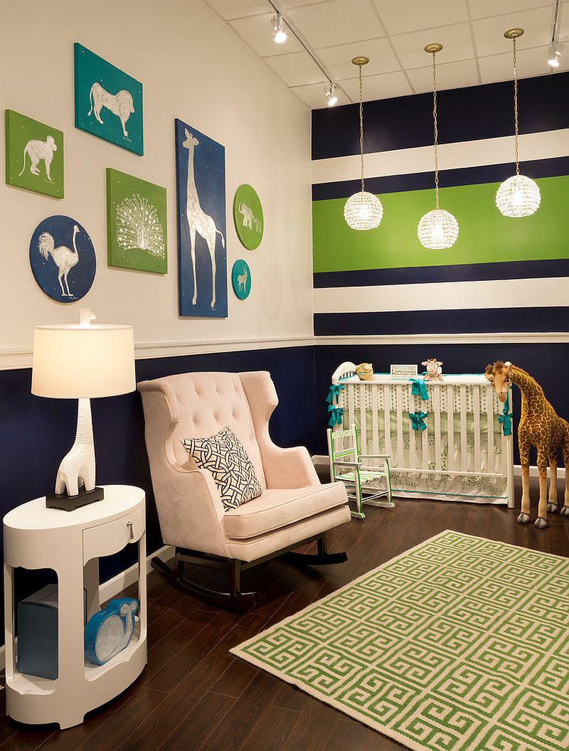 Creative nursery in green, navy blue and white