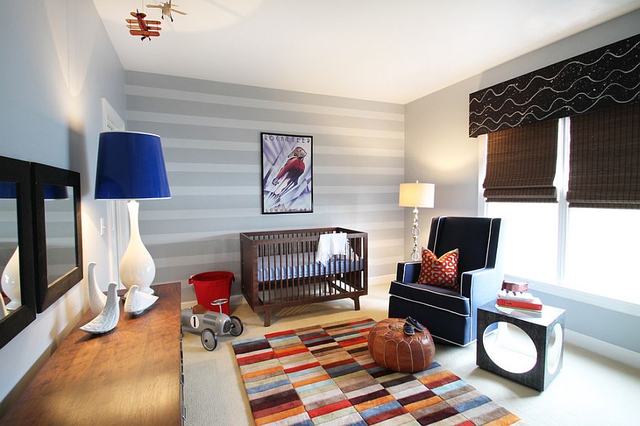 Oversized floor lamp makes a big visual statement in the eclectic nursery