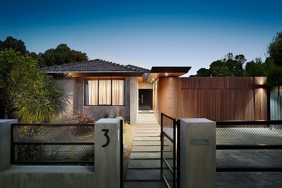 Curved Woodform Timber wall creates a unique and dynamic entrance at the Aussie home