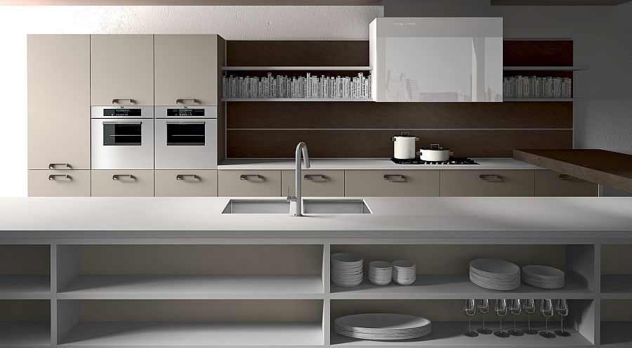 Long kitchen island in white with open shelves