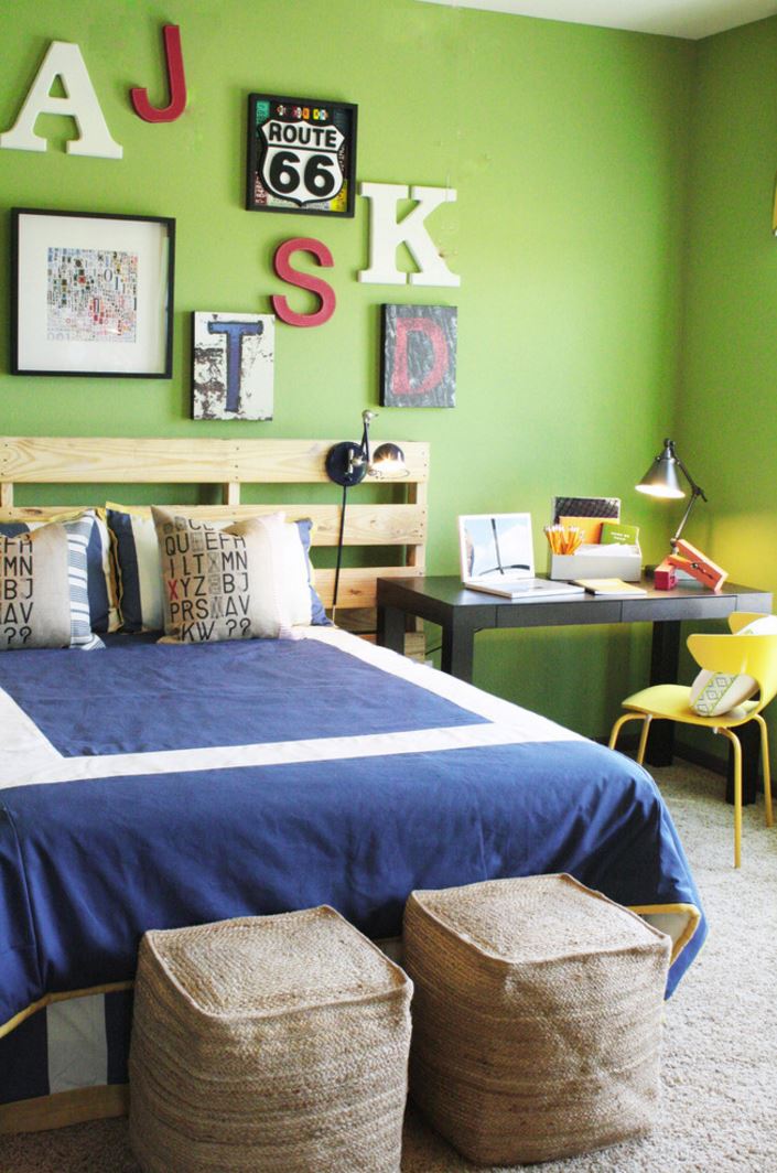 Modern bedroom with wooden letters