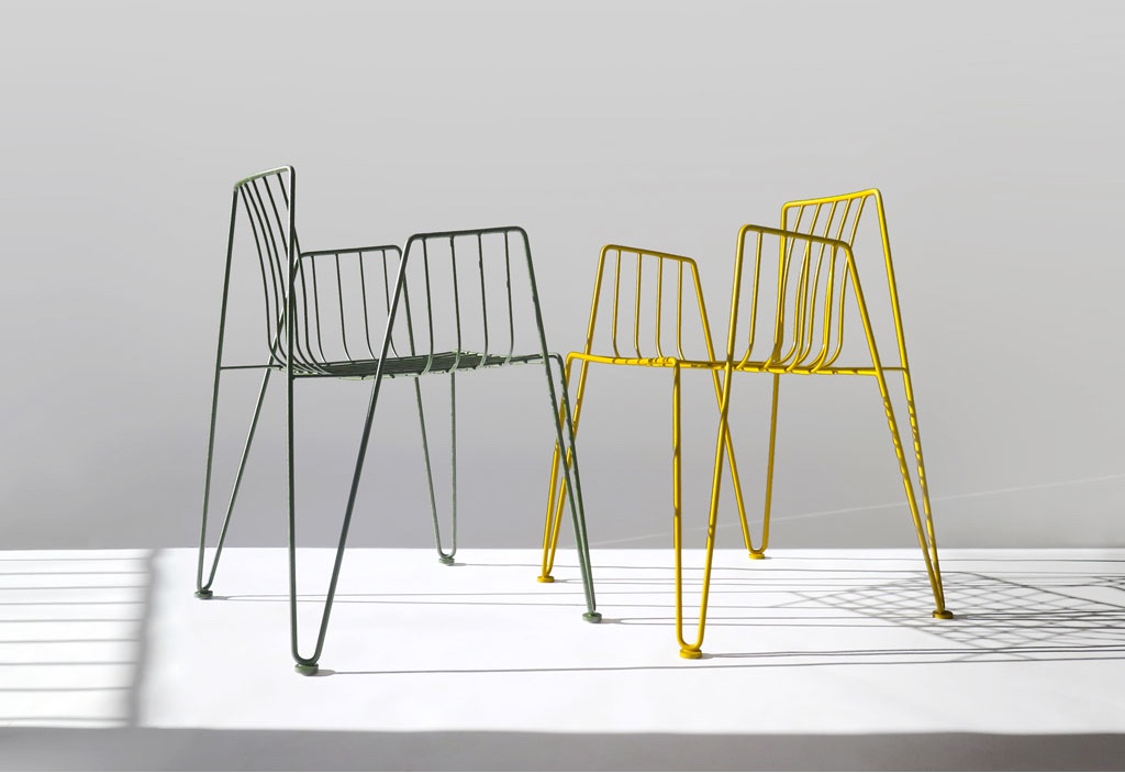 Rambla chairs in green and yellow by Martín Azúa for Mobles 114.