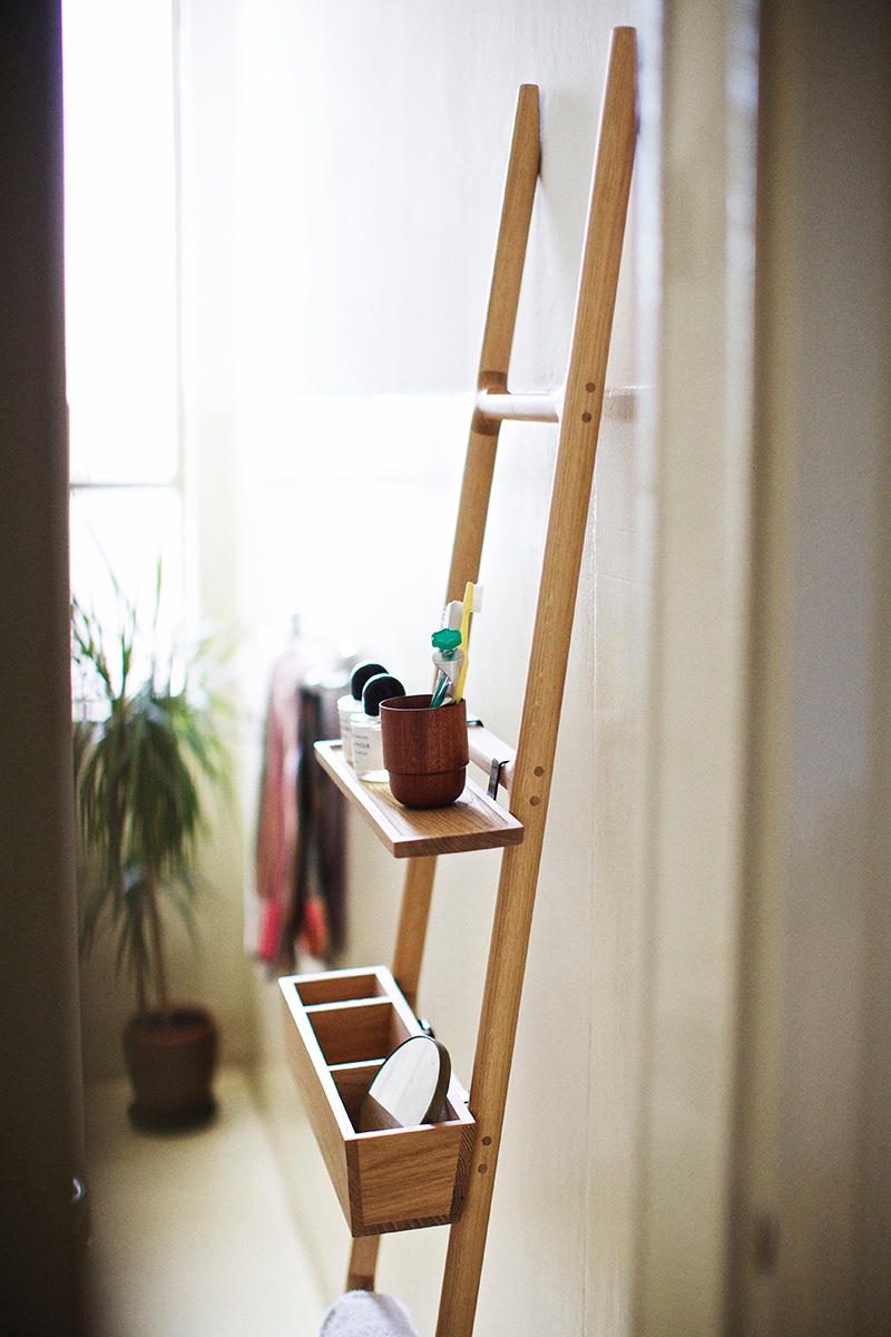 The Tilt Ladder, designed by SmithMatthias, is a multipurpose storage solution for the kitchen, office, hallway or bathroom. Image © 2016 Discipline.