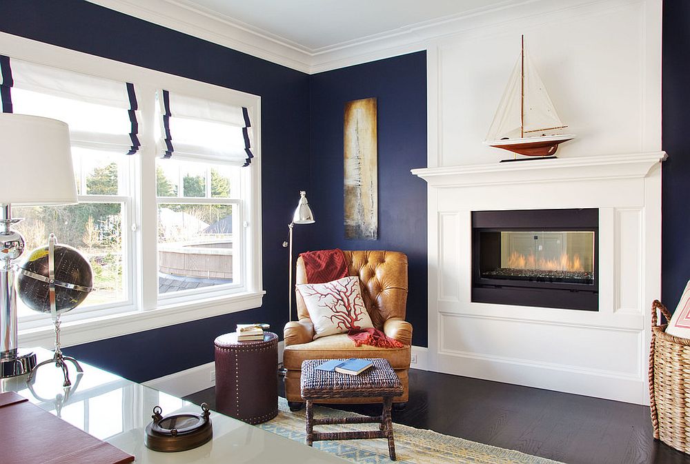 Beach style home office with corner reading nook next to the fireplace