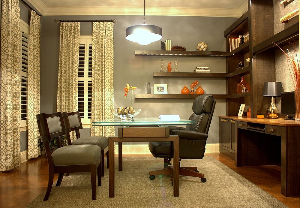 Floating shelves in the corner are both aesthetic and functional