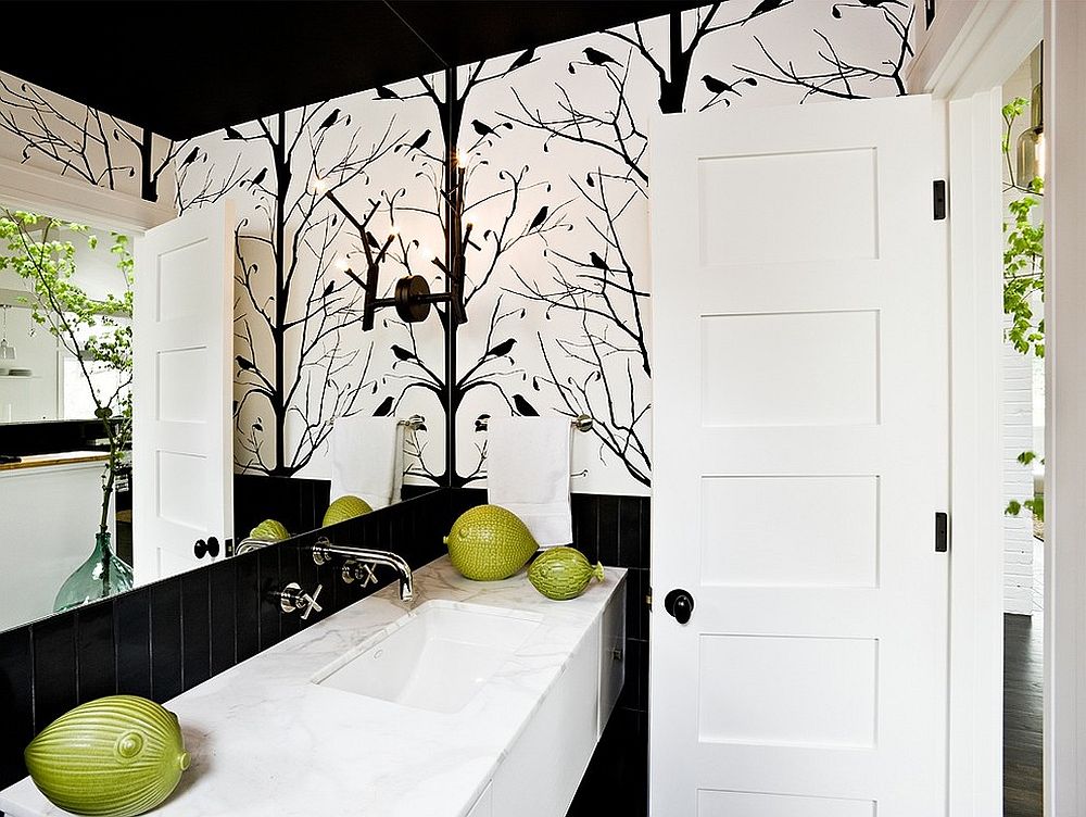 Midcentury style powder room with black and white color scheme