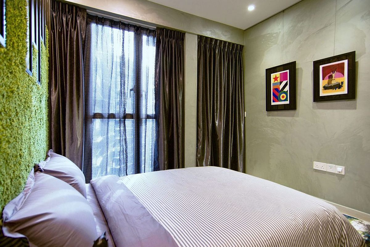 Silken drapes and walls with texture make a bold statement inside the bedroom