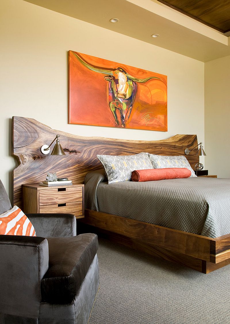 Custom bed with live-edge headboard for the rustic bedroom